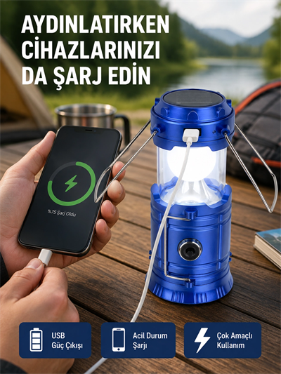 Güneş Enerjili Katlanabilir Kamp Feneri – USB Şarjlı, Hafif ve Çok Fonksiyonlu