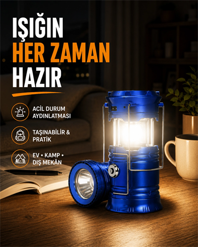 Güneş Enerjili Katlanabilir Kızaklı Kamp Feneri – USB Şarjlı, Çok Yönlü ve Dayanıklı Tasarım