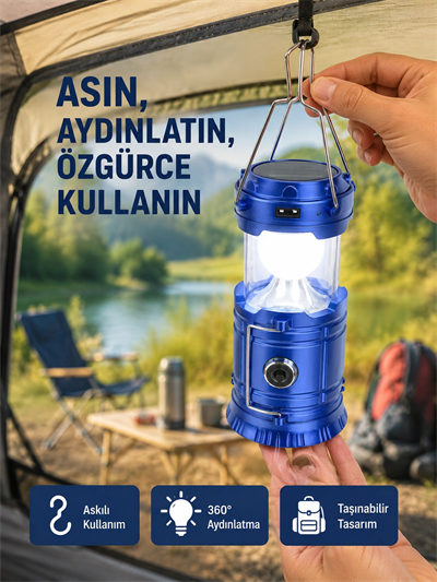Güneş Enerjili Katlanabilir Kızaklı Kamp Feneri – USB Şarjlı, Çok Yönlü ve Dayanıklı Tasarım