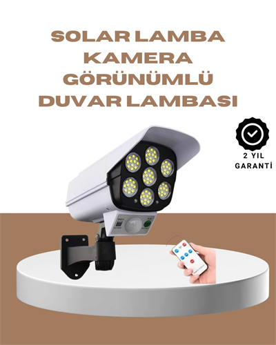 Güneş Enerjili LED Lamba + Güvenlik Kamerası Görünümlü– 5-8 m Hareket Algılamalı, Beyaz Işık