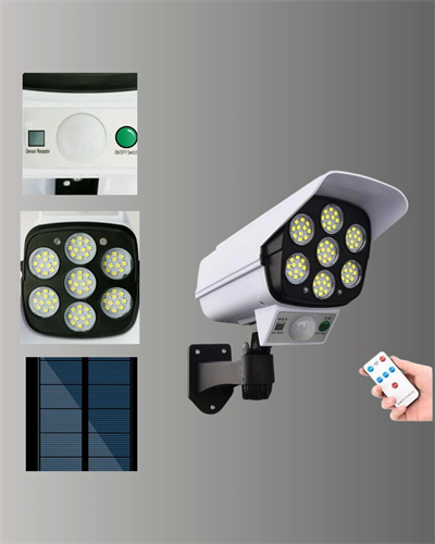 Güneş Enerjili LED Lamba + Güvenlik Kamerası Görünümlü– 5-8 m Hareket Algılamalı, Beyaz Işık