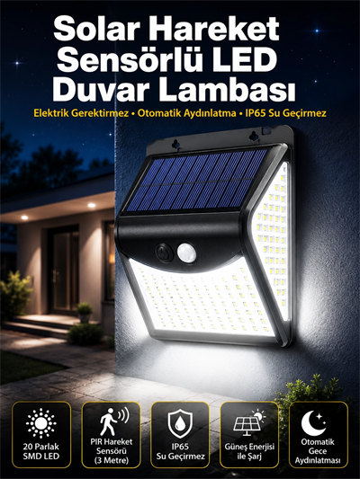 Güneş Enerjili Sensörlü Duvar Lambası Bahçe Lamba Suya Dayanıklı Bahçe Aydınlatma