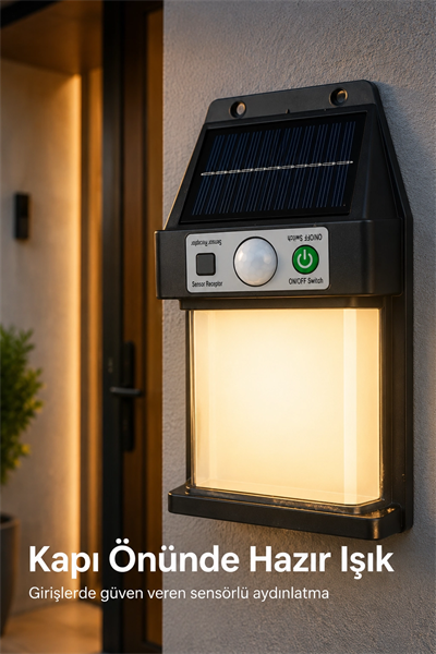 Güneş Enerjili Sensörlü Solar Aplik Dış Mekan Kapı Bahçe Balkon Garaj Duvar Işığı