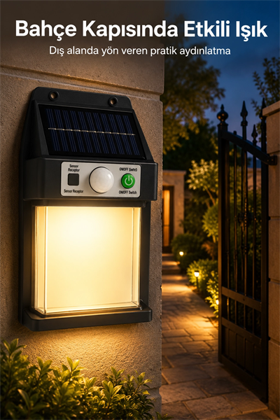 Güneş Enerjili Sensörlü Solar Aplik Dış Mekan Kapı Bahçe Teras Duvar Aydınlatma