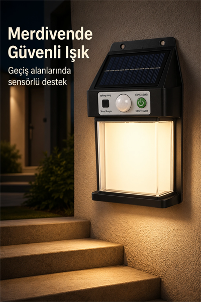 Güneş Enerjili Sensörlü Solar Aplik Dış Mekan Kapı Bahçe Balkon Garaj Duvar Işığı