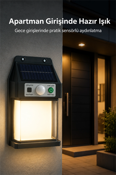 Güneş Enerjili Sensörlü Solar Aplik Dış Mekan Kapı Bahçe Teras Duvar Aydınlatma