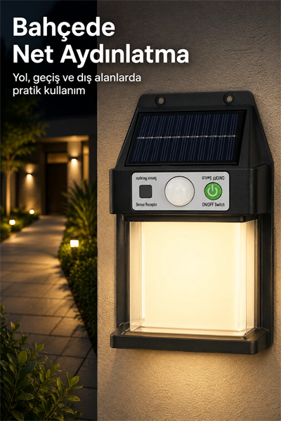 Güneş Enerjili Sensörlü Solar Aplik Dış Mekan Kapı Bahçe Balkon Garaj Duvar Işığı