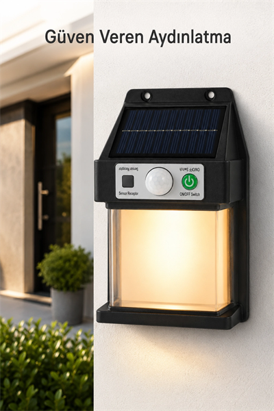 Güneş Enerjili Sensörlü Solar Aplik Duvar Tipi Dış Mekan Hareket Algılamalı Işık