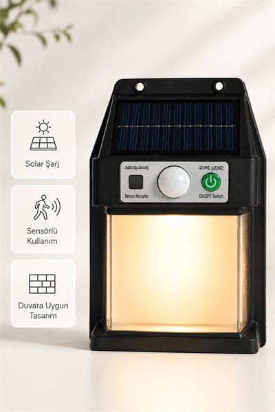 Güneş Enerjili Sensörlü Solar Aplik Duvar Tipi Dış Mekan Hareket Algılamalı Işık