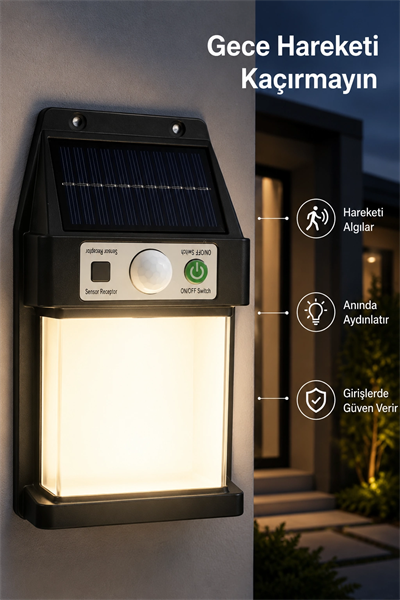 Güneş Enerjili Sensörlü Solar Aplik Duvar Tipi Dış Mekan Bahçe Balkon Işığı