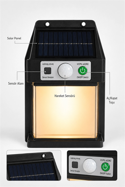Güneş Enerjili Sensörlü Solar Aplik Duvar Tipi Dış Mekan Hareket Algılamalı Işık