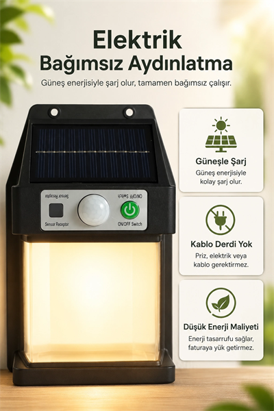 Güneş Enerjili Sensörlü Solar Aplik Duvar Tipi Dış Mekan Bahçe Balkon Işığı