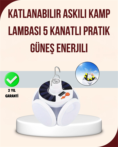 Güneş Enerjili USB Şarj Edilebilir 5 Modlu Katlanabilir LED Kamp Işığı