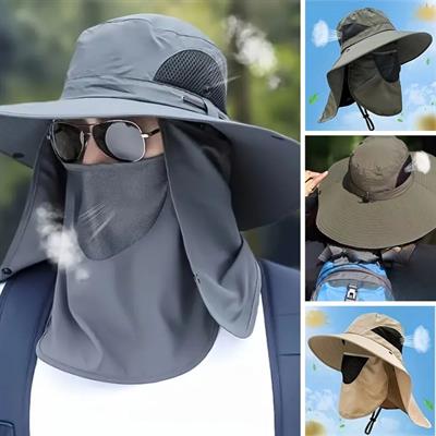 Güneş Koruyuculu Nefes Alabilen Maskeli ve Boyun Kapaklı Geniş Kenarlı Balıkçı Şapkası (3936)