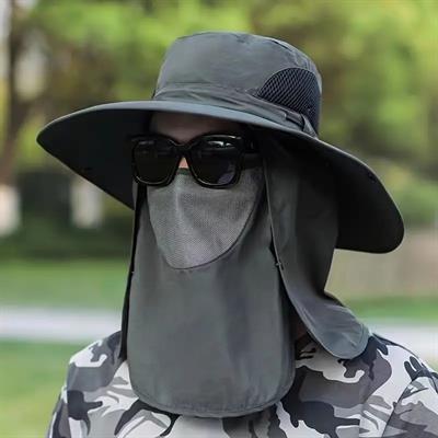 Güneş Koruyuculu Nefes Alabilen Maskeli ve Boyun Kapaklı Geniş Kenarlı Balıkçı Şapkası (3936)