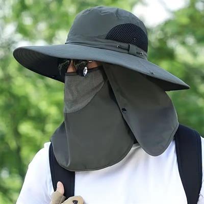 Güneş Koruyuculu Nefes Alabilen Maskeli ve Boyun Kapaklı Geniş Kenarlı Balıkçı Şapkası (3936)