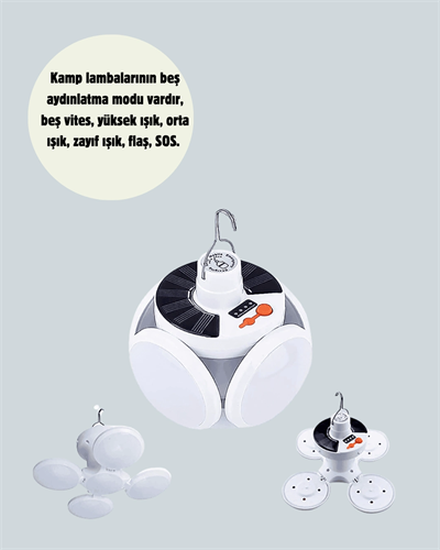 Güneş Paneliyle Şarj Olan Katlanabilir LED Çadır Lambası – 5 Kademeli Aydınlatma