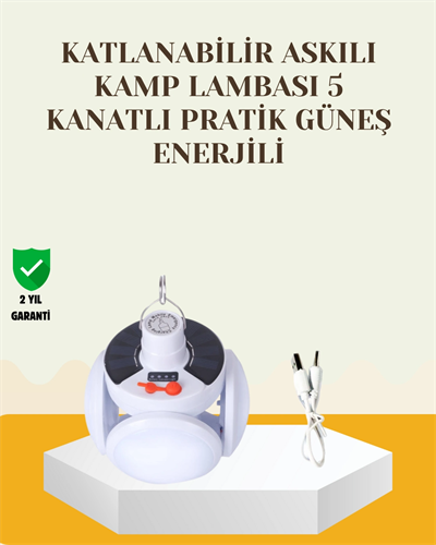Güneş Paneliyle Şarj Olan Katlanabilir LED Çadır Lambası – 5 Kademeli Aydınlatma