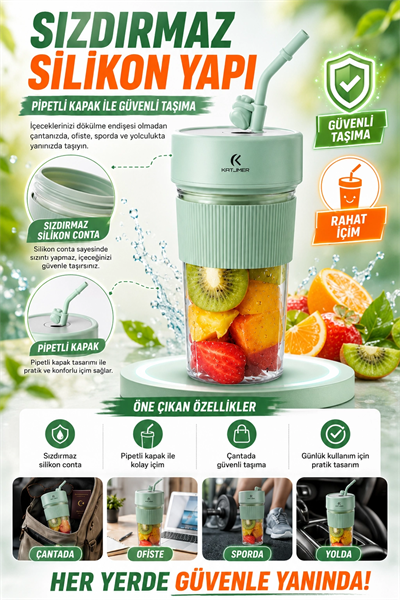 Günlük Kullanıma Uygun Şarjlı Meyve Sıkacağı Mini Blender Bardaklı Karıştırıcı