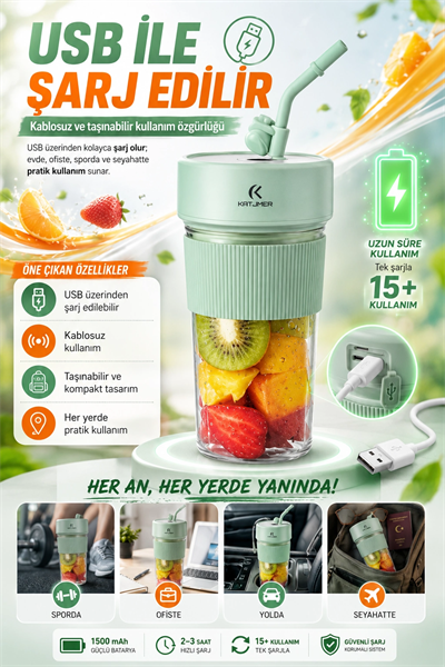 Günlük Kullanıma Uygun Şarjlı Meyve Sıkacağı Mini Blender Bardaklı Karıştırıcı