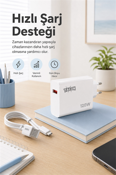 Güvenli Şarj Özellikli 120W Adaptör Ve Kablo Seti Akıllı Koruma Destekli