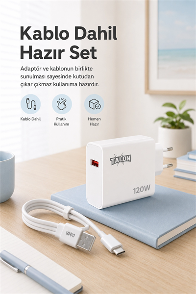Güvenli Şarj Özellikli 120W Adaptör Ve Kablo Seti Akıllı Koruma Destekli