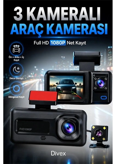 HD 3 Kameralı Araç Kamerası Ön Arka İç Kayıt Gece Görüşlü G Sensörlü Geniş Açılı