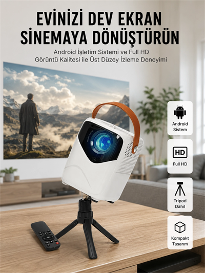 HD Ayaklı Portatif Projeksiyon Cihazı Bluetooth Wifi Akıllı Android İşlemcili