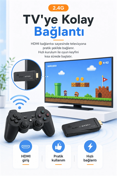 HDMI Girişli Kablosuz Retro Oyun Konsolu 2.4G Bağlantılı Çift Kollu Eğlence Seti
