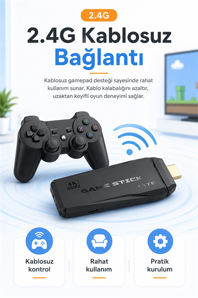 HDMI Girişli Kablosuz Retro Oyun Konsolu 2.4G Bağlantılı Çift Kollu Eğlence Seti