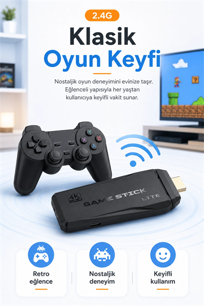 HDMI Girişli Kablosuz Retro Oyun Konsolu 2.4G Bağlantılı Çift Kollu Eğlence Seti