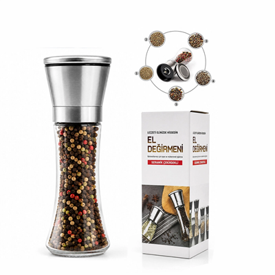Hand Grınder Büyük Cam Hazneli - Krom Kaplama Pls.kapaklı Tuz - Baharat Öğütücü Bx40