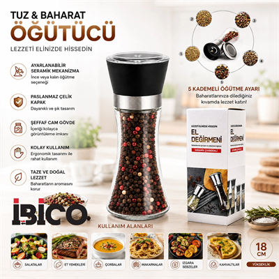 Hand Grınder Büyük Cam Hazneli - Pls.kapaklı - Krom Belli Tuz - Baharat Öğütücü Bx40