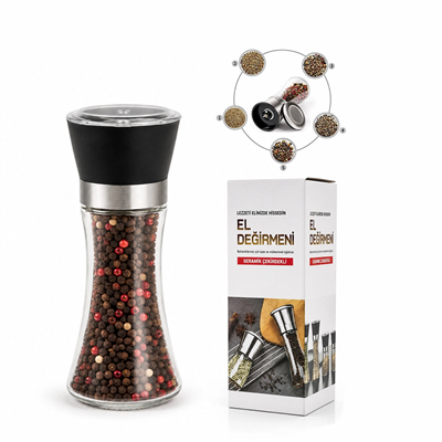 Hand Grınder Büyük Cam Hazneli - Pls.kapaklı - Krom Belli Tuz - Baharat Öğütücü Bx40