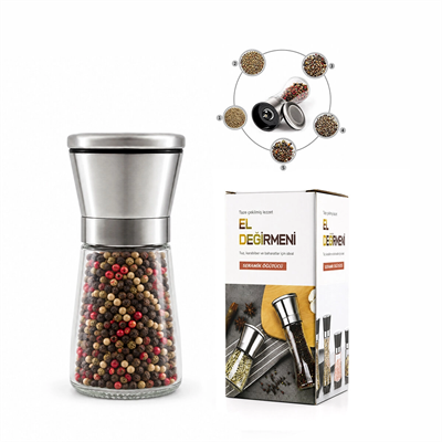 Hand Grınder Küçük Cam Hazneli - Krom Kaplama Pls.kapaklı Tuz - Baharat Öğütücü İ22-411 Bx40