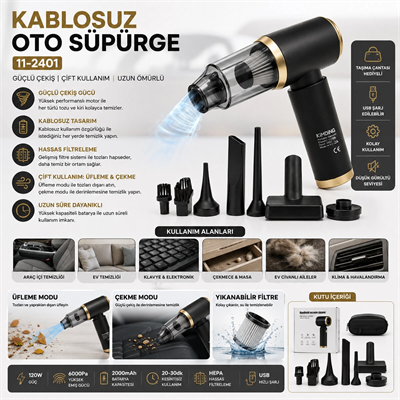 Handheld Vacuum Cleaner 2in1=çekme - Üfleme Oto - Araç - Ev El Tipi Süpürge Şarjlı Mini - Taşınabilir Kh-128 Bx40