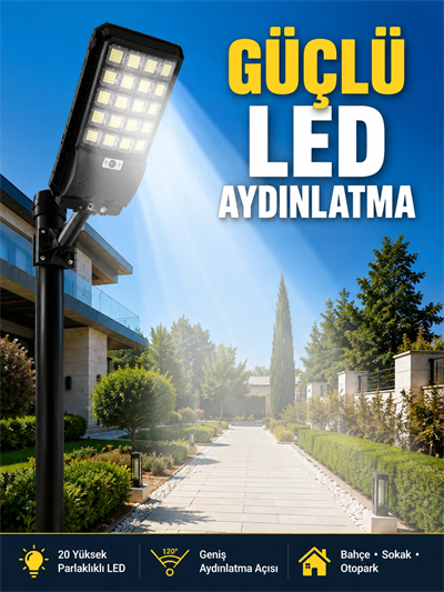 Hareket Sensörlü Solar LED Aydınlatma 3 Modlu Uzaktan Kumandalı Bahçe Lambası