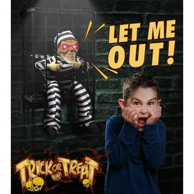 Hareketli Sesli Sensörlü Mahkum Görünümlü Kuru Kafa İskelet Dekorasyon 22x27 cm (3936)