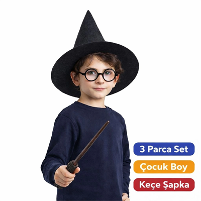 Harry Potter Tarzı Çocuk Seti (siyah Keçe Şapka, Asa, Gözlük)