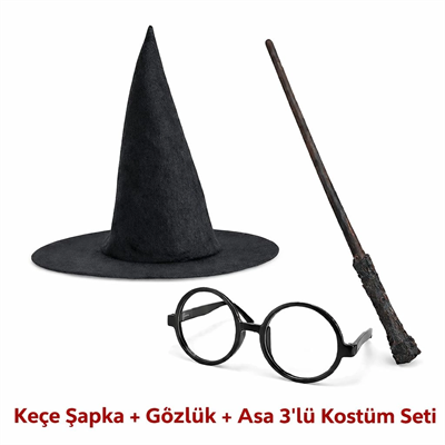 Harry Potter Tarzı Çocuk Seti (siyah Keçe Şapka, Asa, Gözlük)