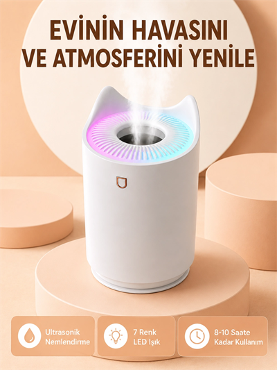 Hava Nemlendirici Buhar Makinesi Aromaterapi LED Işıklı Oda Nemlendirici
