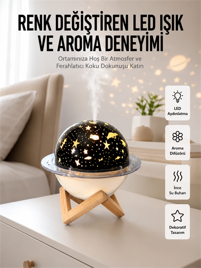 Hava Nemlendirici Led Işıklı Gece Lambası Yıldız Görünümlü Renk Değiştiren