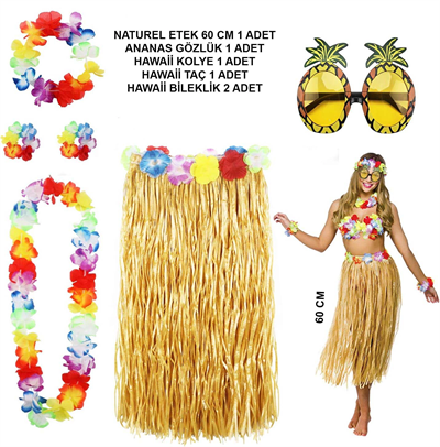 Hawaii Parti Kostüm Seti - 60 Cm Hasır Etek, Çiçekli Aksesuarlar Ve Ananas Gözlük Bx40