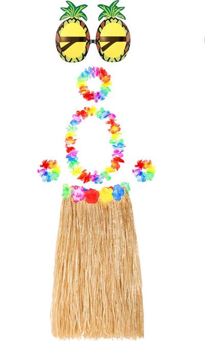 Hawaii Parti Kostüm Seti - 60 cm Hasır Etek, Çiçekli Aksesuarlar ve Ananas Gözlük (3936)