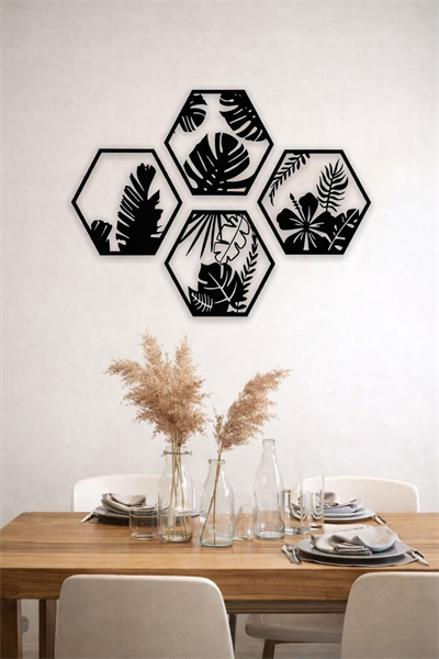HexaLeaf – Tropikal Yaprak Desenli Altıgen Ahşap Duvar Dekoru