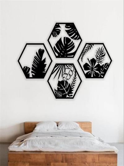 HexaLeaf – Tropikal Yaprak Desenli Altıgen Ahşap Duvar Dekoru
