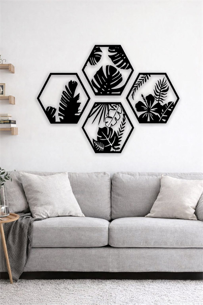 HexaLeaf – Tropikal Yaprak Desenli Altıgen Ahşap Duvar Dekoru