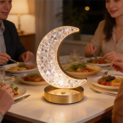 Hilal Ay Model Kristal Led Masa Lambası – Dokunmatik, 3 Renk Işık Modlu, Şarjlı Mini Dekoratif Gece Lambası Bx40