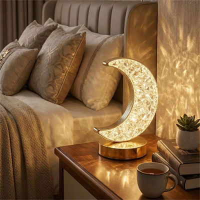 Hilal Ay Model Kristal Led Masa Lambası – Dokunmatik, 3 Renk Işık Modlu, Şarjlı Mini Dekoratif Gece Lambası Bx40
