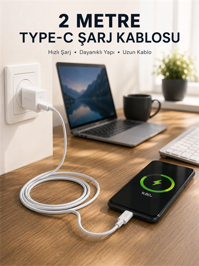 Hızlı Şarj Destekli 2 Metre Type-C Kablo